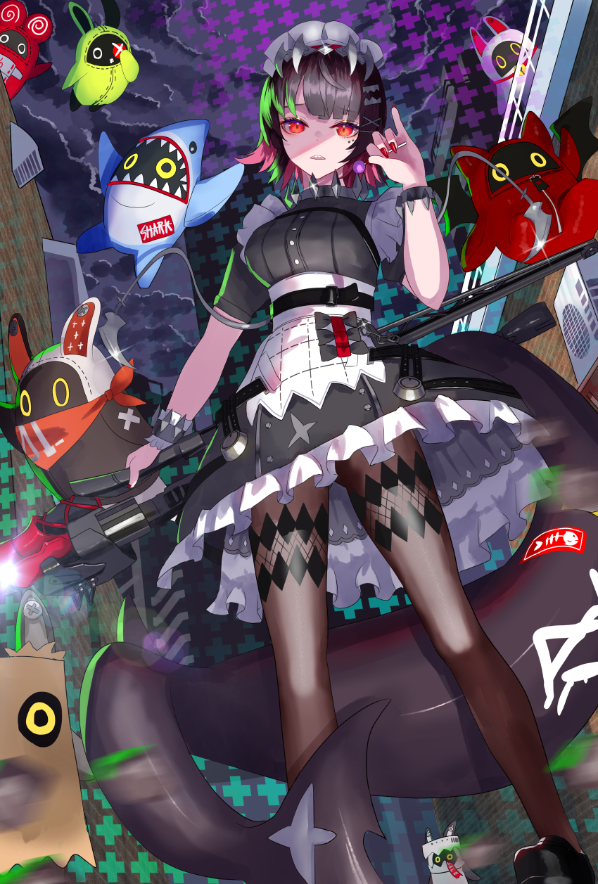 1girl absurdres amillion_(zenless_zone_zero) apron bagboo_(zenless_zone_zero) bangboo_(zenless_zone_zero) belt black_belt black_bow black_dress black_pantyhose black_shoes bow breasts brown_hair candy collar colored_inner_hair condenser_unit cross_hair_ornament devilboo_(zenless_zone_zero) dress ellen_joe eous_(zenless_zone_zero) fins fish_tail food foot_out_of_frame frilled_dress frilled_wrist_cuffs frills glint hair_ornament highres holding holding_candy holding_food holding_lollipop holding_weapon large_breasts lollipop looking_at_viewer luckyboo_(zenless_zone_zero) maid maid_apron maid_headdress metal_collar mole mole_under_eye multicolored_hair nail_polish pantyhose paperboo_(zenless_zone_zero) parted_lips partially_shaded_face pinky_out red_eyes red_hair red_nails shark_girl shark_tail sharkboo_(zenless_zone_zero) sharp_teeth shoes short_hair short_sleeves solo standing sumoboo_(zenless_zone_zero) tail teeth two-tone_hair upper_teeth_only weapon white_apron wrist_cuffs yusuke_(shiota) zenless_zone_zero