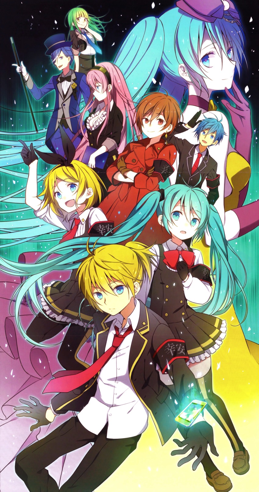 3boys 6+girls absurdres black_bow black_gloves black_hair black_legwear black_ribbon blonde_hair blue_eyes blue_hair blue_hat blue_necktie bow brown_eyes brown_gloves brown_hair crossed_arms earrings gloves green_hair hair_between_eyes hair_ornament hair_ribbon hairband hat hatsune_miku hatsune_miku_(siren) highres holding jewelry kagamine_len kagamine_rin kaito_(vocaloid) kochira_koufuku_anshin_iinkai_desu_(vocaloid) long_hair looking_at_viewer megurine_luka meiko_(vocaloid) multiple_boys multiple_girls necktie open_mouth pantyhose pink_hair ponytail red_bow red_necktie ribbon shirt short_hair short_ponytail smile thighhighs twintails vocaloid white_gloves white_shirt wogura