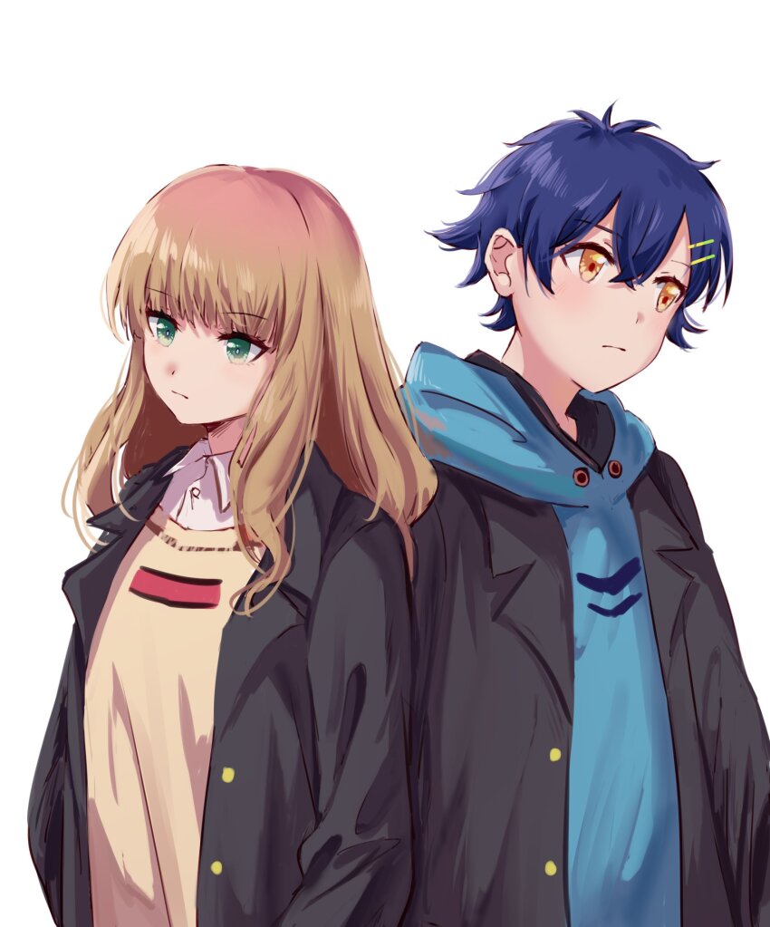 1boy 1girl asanaka_yomogi black_jacket blue_hair blue_hoodie blunt_bangs blush brown_hair closed_mouth collared_shirt commentary dress_shirt frown green_eyes gridman_universe hair_between_eyes hair_ornament hairclip highres hood hoodie jacket long_hair minami_yume open_clothes open_jacket orange_eyes sankin_(_sankin510) shirt short_hair side-by-side ssss.dynazenon sweater symbol-only_commentary upper_body very_short_hair white_shirt yellow_sweater