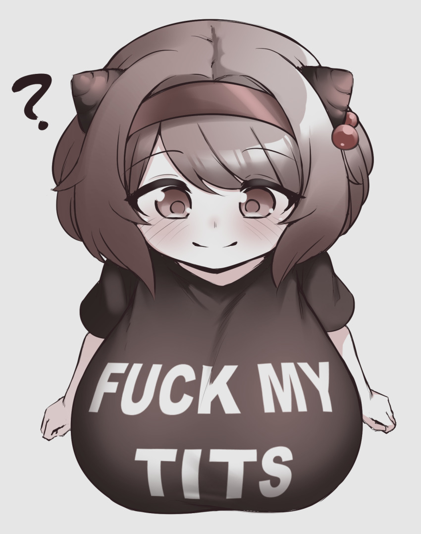 1girl ? bad_tag blush breasts granblue_fantasy greyscale hair_ornament hairband highres horns huge_breasts loli medium_hair monochrome oppai_loli pldf shirt simple_background smile solo standing white_background yaia_(granblue_fantasy)