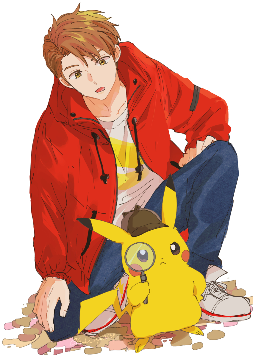 1boy :o brown_hair brown_headwear coat denim detective_pikachu_(character) detective_pikachu_(game) detective_pikachu_(series) detective_pikachu_returns gen_1_pokemon hand_on_own_leg hat highres hinata_(ryohinata) jeans magnifying_glass male_focus nintendo pants pikachu pokemon pokemon_(creature) red_coat shirt shoes sneakers tim_goodman white_background white_shirt
