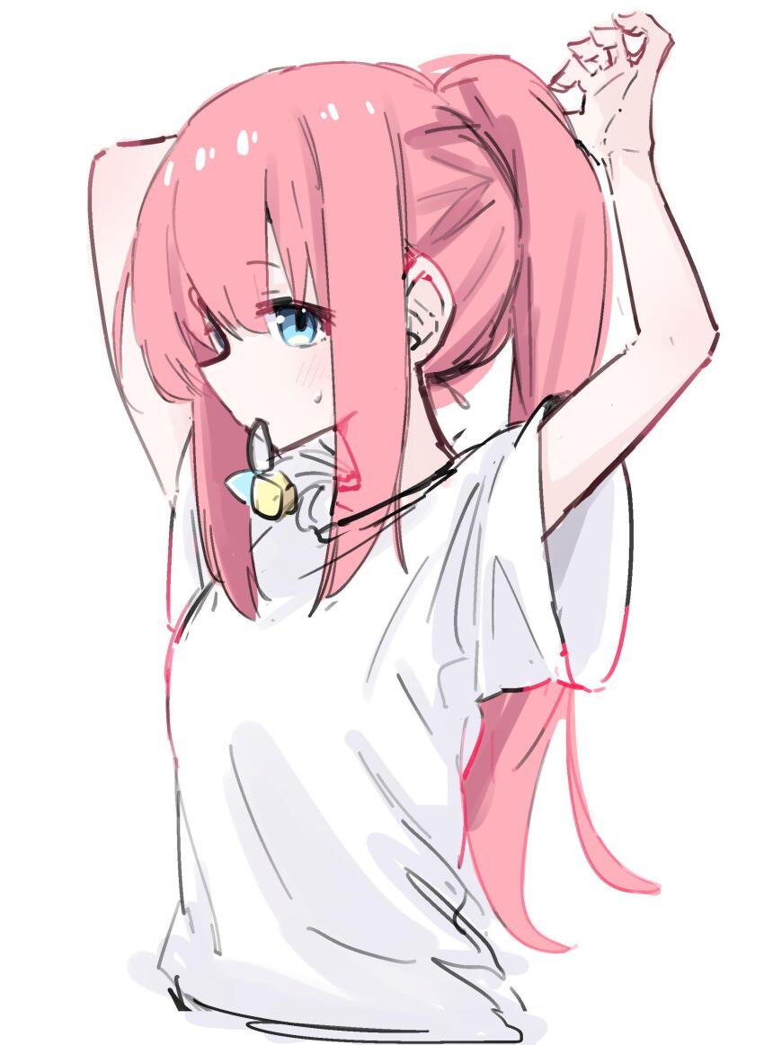 1girl absurdres arm_up arms_up artist_request blue_eyes bocchi_the_rock! cube_hair_ornament female_focus gotoh_hitori hair_ornament highres looking_at_viewer looking_to_the_side object_in_mouth pink_hair shirt simple_background solo sweatdrop t-shirt translucent_hair tying_hair unfinished upper_body white_background white_shirt