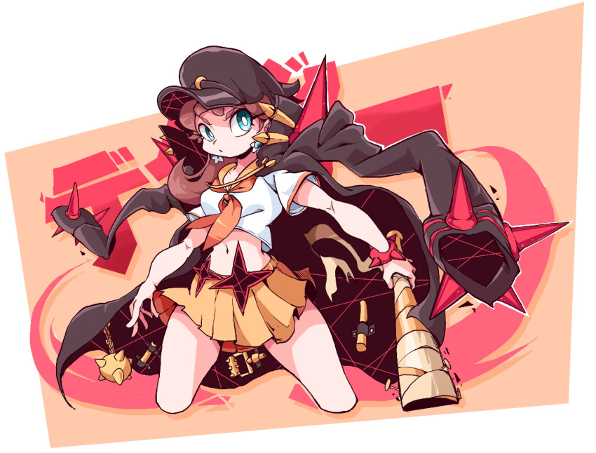1girl baseball_bat black_hat black_jacket blue_eyes bracelet brown_hair cosplay earrings flower_earrings hat holding holding_weapon ioh jacket jacket_on_shoulders jewelry kill_la_kill long_hair mace mankanshoku_mako mankanshoku_mako_(cosplay) mario_(series) midriff nail nail_(hardware) nail_bat navel neckerchief nintendo orange_neckerchief orange_skirt pleated_skirt princess_daisy school_uniform serafuku skirt spiked_bracelet spiked_mace spikes weapon