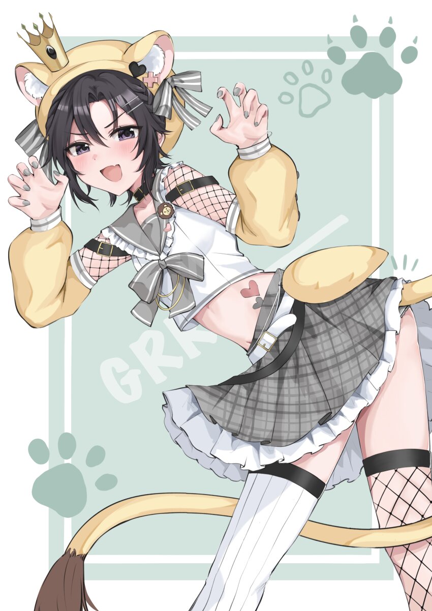 1girl :d absurdres aburi-gatana animal_ear_fluff animal_ears arm_warmers black_hair blush border braid claw_pose cropped_shirt crown detached_sleeves fake_tail fang fingernails fishnet_thighhighs fishnets frilled_sailor_collar frilled_skirt frills grey_nails grey_sailor_collar grey_skirt hair_between_eyes hair_ornament hairclip hat hat_with_ears highres idolmaster idolmaster_(classic) idolmaster_million_live! idolmaster_million_live!_theater_days kikuchi_makoto leaning_forward lion_ears lion_tail looking_at_viewer midriff mini_crown nail_polish open_mouth outside_border plaid_clothes plaid_skirt purple_eyes sailor_collar shirt short_hair single_fishnet_legwear skin_fang skirt sleeveless sleeveless_shirt smile solo standing tail thighhighs white_border white_thighhighs yellow_sleeves