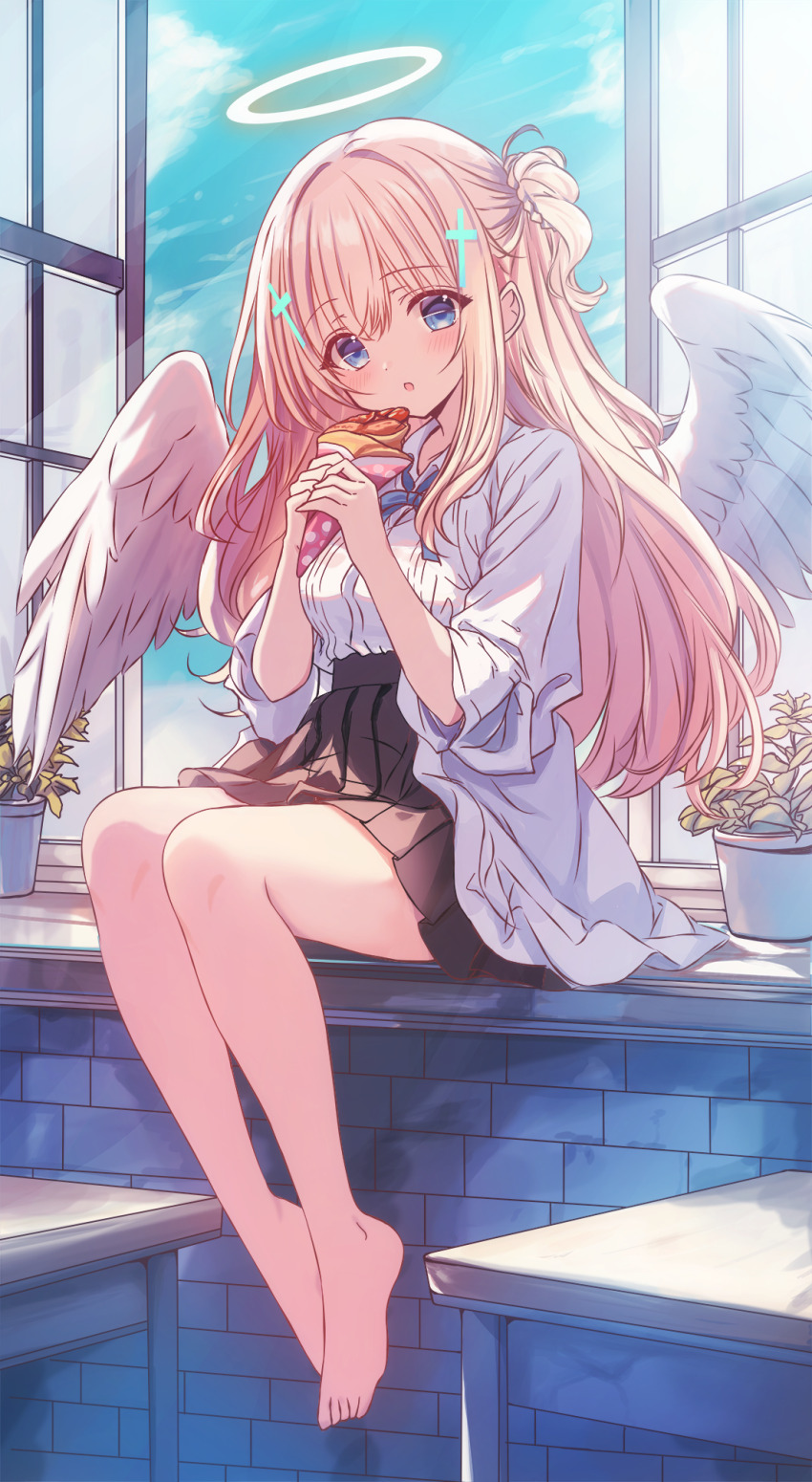 1girl angel_wings bare_legs barefoot black_skirt blonde_hair blue_eyes blue_sky blush commentary_request crepe cross_hair_ornament cutlass_(classic_chocolate) day desk feathered_wings flower_pot food hair_ornament halo high-waist_skirt highres holding holding_crepe holding_food indoors long_hair long_sleeves looking_at_viewer on_windowsill one_side_up open_mouth open_window original plant pleated_skirt potted_plant school_desk shirt sitting skirt sky solo tareme very_long_hair white_shirt white_wings window wings