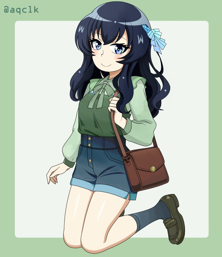 1girl alternate_costume aqclk bag blue_eyes blue_hair brown_bag brown_shoes casual denim denim_shorts eclair_(girls_und_panzer) girls_und_panzer girls_und_panzer_gekitou!_maginot-sen_desu!! green_ribbon green_shirt grey_socks hair_ribbon highres holding holding_bag long_hair long_sleeves pabst_blue_ribbon ribbon shirt shoes short_shorts shorts side_slit side_slit_shorts smile socks twitter_username