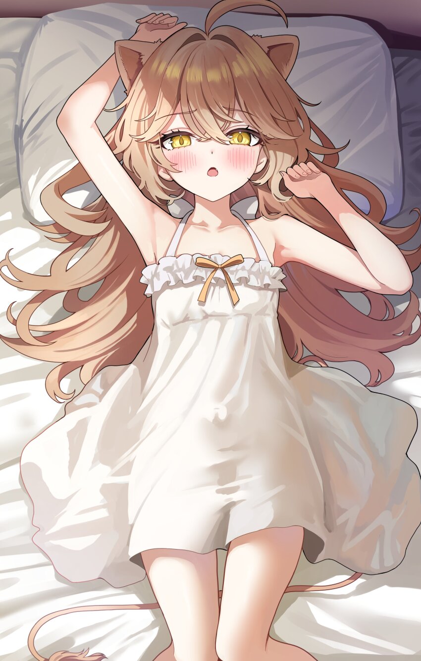 1girl absurdres ahoge animal_ears arm_behind_head arms_up blush brown_hair collarbone dress fang flat_chest hair_intakes highres indie_virtual_youtuber knees_together_feet_apart lion_ears lion_girl lion_tail long_hair looking_at_viewer lying on_back on_bed open_mouth pillow rurudo_lion rurudo_lion_(1st_costume) sak_(lemondisk) solo sundress tail virtual_youtuber white_dress yellow_eyes