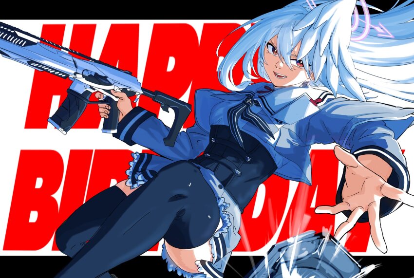 1girl black_corset blue_archive breasts commentary_request corset cropped_jacket dutch_angle feet_out_of_frame flashback floating gun hair_between_eyes halo happy_birthday head_wings highres letterboxed long_hair long_sleeves mattun_8230 miniskirt mole mole_under_eye neckerchief outside_border red_eyes rifle school_uniform sig_mcx single_head_wing skirt solo suzumi_(blue_archive) thighhighs throwing weapon white_hair wings zettai_ryouiki