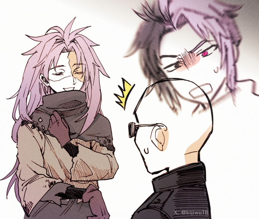2boys ^^^ bald black_capelet black_hair black_jacket brown_gloves capelet chinese_commentary closed_eyes commentary_request cosplay film_grain gloves grey_shirt hair_intakes hand_on_own_chest hatsutori_hajime highres jacket long_hair male_focus multicolored_hair multiple_boys mutsushika_misumi nijou_ryuu nijou_ryuu_(cosplay) official_cosplay open_mouth parted_bangs patchwork_skin pink_hair saibou_shinkyoku shirt smile split-color_hair sunglasses surprised sweat torn_capelet torn_clothes twitter_username zhainuxiuer