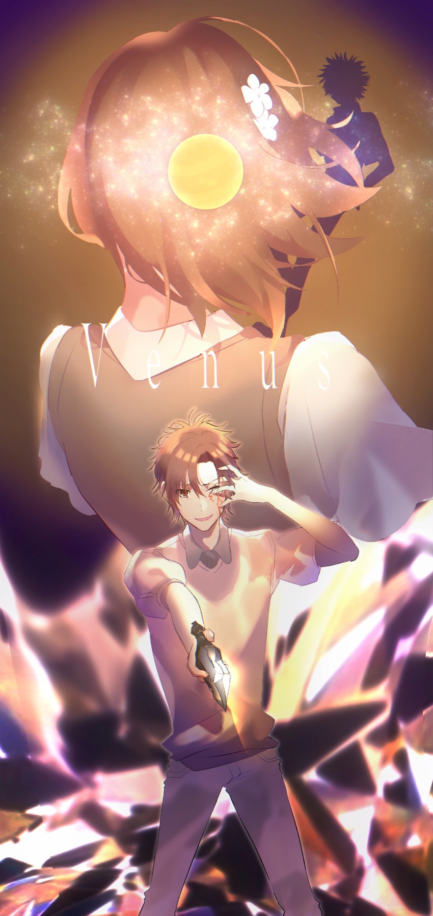 1girl absurdres brown_eyes brown_hair brown_sweater_vest dagger etzali from_behind glowing glowing_weapon hair_ornament hairpin highres holding holding_dagger holding_knife holding_weapon kamijou_touma knife medium_hair misaka_mikoto multiple_boys nmdsk obsidian_rock school_uniform short_hair silhouette summer_uniform sweater_vest toaru_majutsu_no_index tokiwadai_school_uniform unabara_mitsuki venus_(planet) weapon
