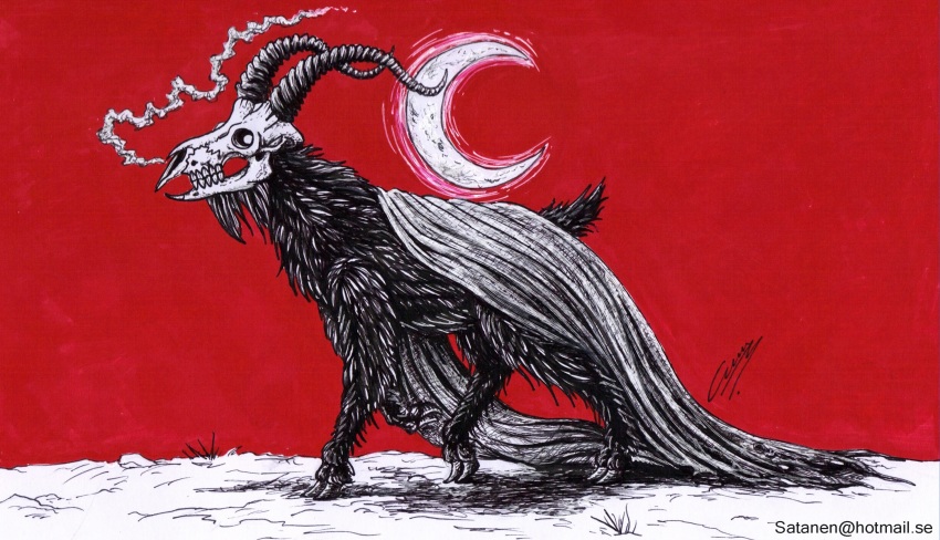 1boy beast black_fur darkness demon goat highres horns moon no_humans occult red_background sabbat satanen skull smoking
