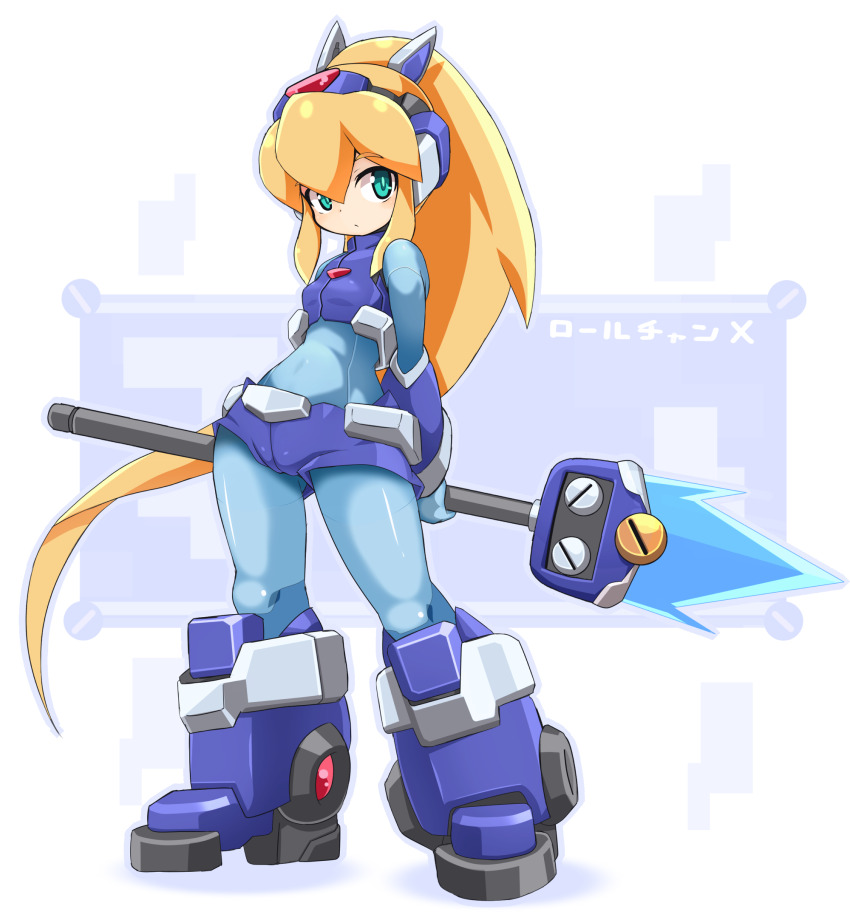 1girl alternate_costume armor armored_boots arms_behind_back blonde_hair blue_bodysuit blue_boots blue_eyes blue_gloves blue_shorts blue_vest bodysuit boots breasts chest_jewel closed_mouth covered_navel gauntlets gloves green_eyes hair_between_eyes hair_ornament hairband headgear headphones highres holding holding_polearm holding_weapon joints karukan_(monjya) long_hair long_sleeves looking_at_viewer mecha_musume mechanical_boots mega_man_(classic) mega_man_(series) mega_man_x_(series) polearm ponytail robot_joints roll_(mega_man) shorts sidelocks solo strapless turtleneck vest weapon