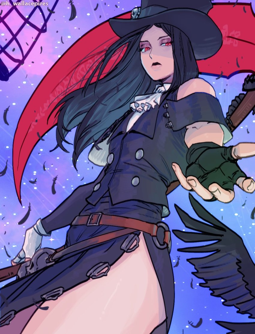 1boy androgynous ascot asymmetrical_gloves asymmetrical_sleeves belt bird black_hair cage commentary crow fingerless_gloves gloves guilty_gear guilty_gear_strive hat highres long_hair mismatched_gloves reaching reaching_towards_viewer red_eyes scythe skirt testament_(guilty_gear) top_hat trap twitter_username wallace_pires