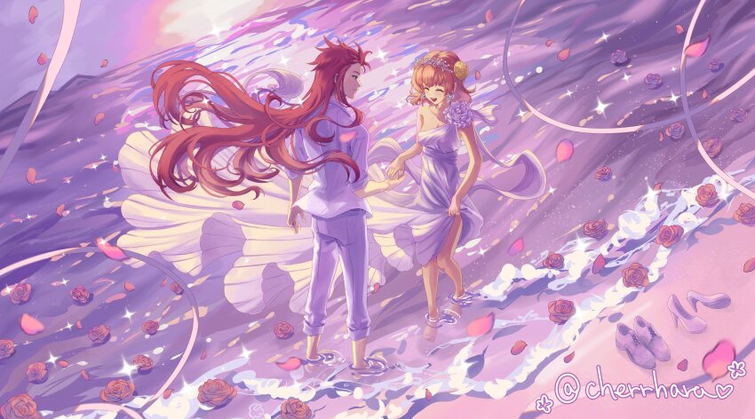 1boy 1girl absurdres asch_(tales) asymmetrical_sleeves bare_shoulders beach blonde_hair cherrhara closed_eyes closed_mouth commentary couple dress earrings english_commentary facing_another falling_petals floating_hair full_body glint green_eyes hair_ornament highres holding holding_unworn_clothes holding_unworn_dress horizon husband_and_wife jewelry long_dress long_hair looking_at_viewer medium_hair natalia_luzu_kimlasca_lanvaldear ocean open_mouth outdoors pants pants_rolled_up petals pink_petals red_hair ring shirt skirt_hold sleeves_rolled_up smile sparkle spiked_hair standing tales_of_(series) tales_of_the_abyss tiara twitter_username wedding_dress wedding_ring white_dress white_pants white_shirt