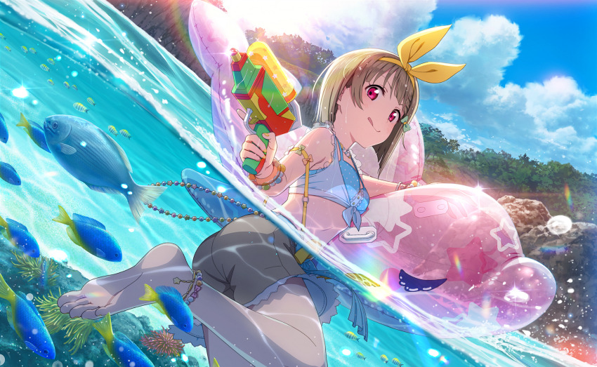 1girl :q air_bubble anklet aqua_belt aqua_bikini aqua_ribbon bead_bracelet beads bikini blue_sky blush bob_cut bracelet brown_hair brown_shorts bubble cloud day dolphin dutch_angle fish forest frilled_sleeves frills from_below hair_ribbon hand_up highres holding holding_water_gun inflatable_dolphin inflatable_toy jewelry lens_flare looking_at_viewer love_live! love_live!_nijigasaki_high_school_idol_club love_live!_school_idol_festival_2 nail_polish nakasu_kasumi nature ocean official_art outdoors partially_submerged partially_underwater_shot petticoat polka_dot polka_dot_bikini rainbow red_eyes ribbon rock school_of_fish sea_anemone short_hair shorts sky solo sunlight swimsuit tongue tongue_out tree underwater wading water water_drop water_gun wet wet_hair yellow_nails yellow_ribbon