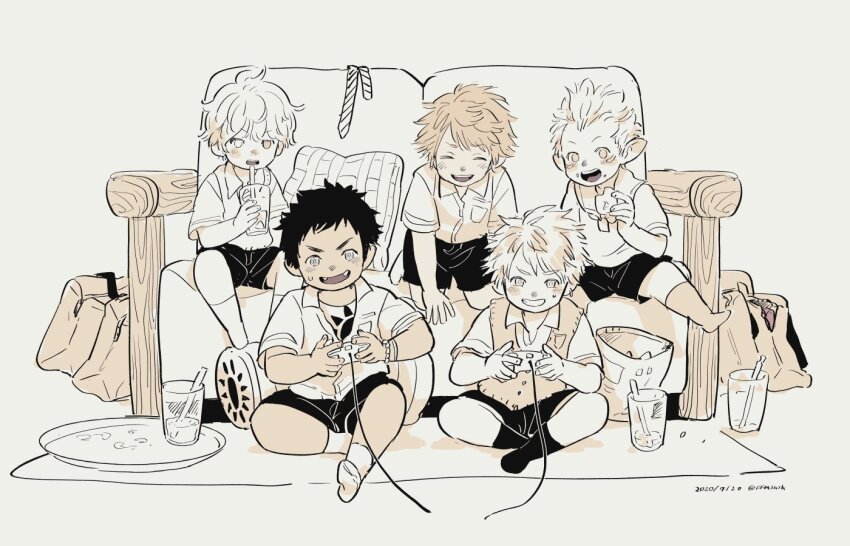 5boys ano_amesuke bag commentary_request controller couch cup final_fantasy final_fantasy_xiv food game_controller greyscale holding holding_controller holding_food holding_game_controller indian_style kneeling lalafell male_focus monochrome multiple_boys necktie open_mouth pillow pointy_ears sepia shorts sitting smile socks tray unworn_necktie warrior_of_light_(ff14)