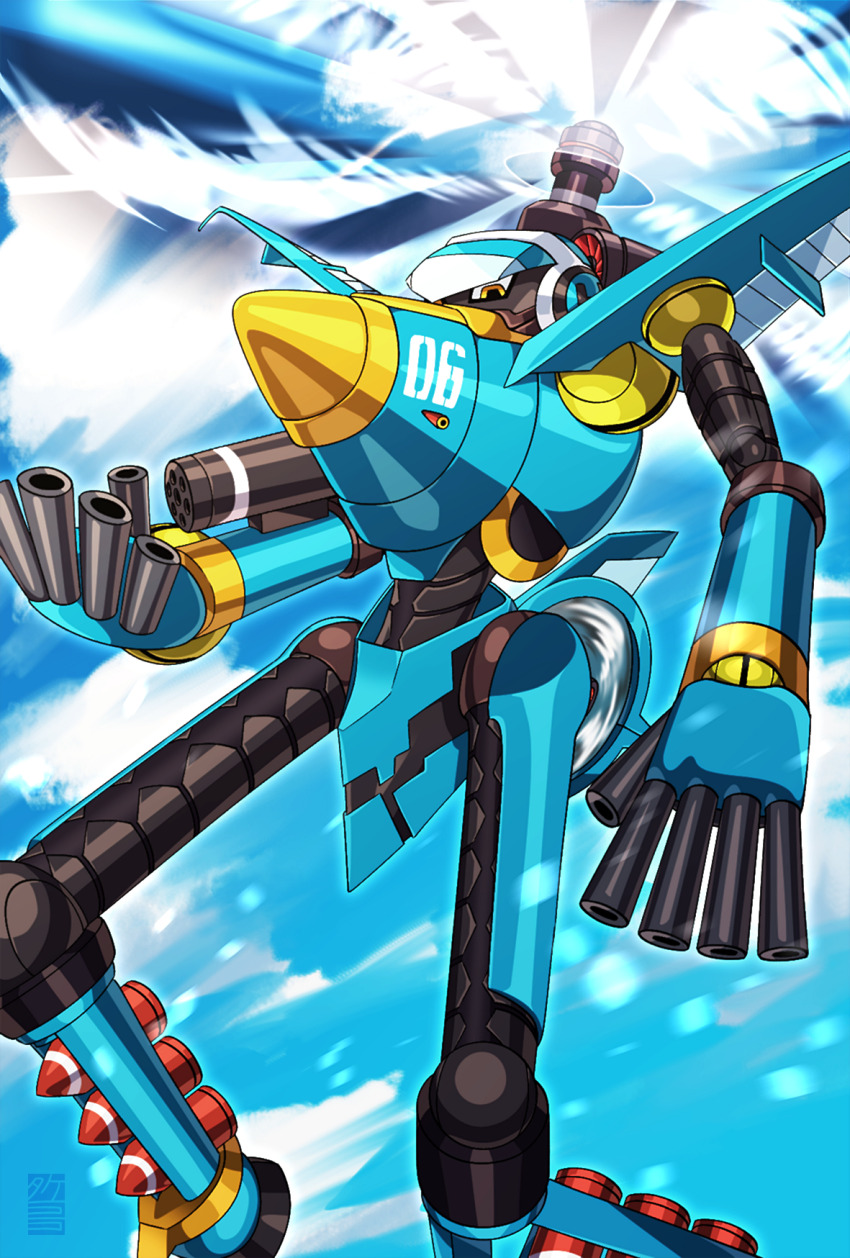 1boy aircraft aviator_(mighty_no._9) black_skin blue_skin blue_sky body_writing colored_skin commentary_request day flying gatling_gun helicopter highres humanoid_robot looking_at_viewer mighty_no._9 missile propeller robot seal_impression sky solo takenokonoko v-shaped_eyes yellow_eyes