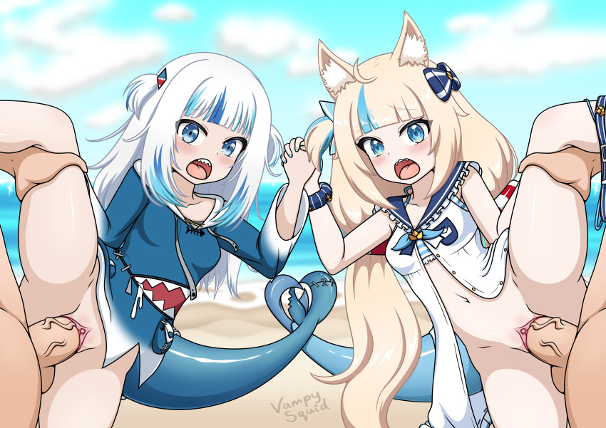2boys 2girls absurdres animal_ears beach blonde_hair breasts cat_ears cum cum_in_pussy exhibitionism female_focus fins fish fish_girl fish_tail fishgirl gawr_gura group_sex highres hololive hololive_english hololive_myth loli long_hair multiple_boys multiple_girls ocean penis public_indecency public_nudity pussy sameko_saba sex shark shark_tail sharp_teeth small_breasts tail teeth vampy_squid virtual_youtuber white_hair