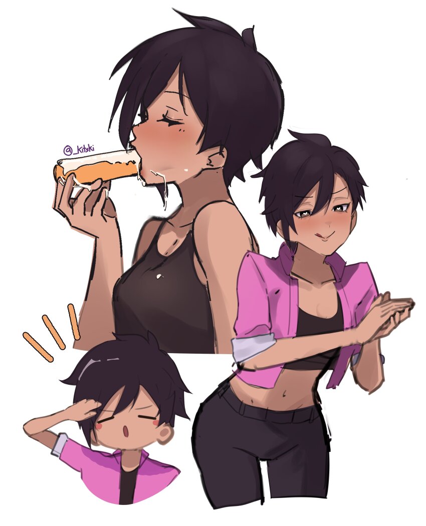 absurdres black_hair black_pants blush blush_stickers chibi cream dispatch dripping eyelashes fellatio food highres invisigal jacket kitski licking_lips midriff navel oral pants pastry pink_jacket rubbing_hands_together salute sexually_suggestive short_hair simulated_fellatio tank_top tomboy tongue tongue_out white_background