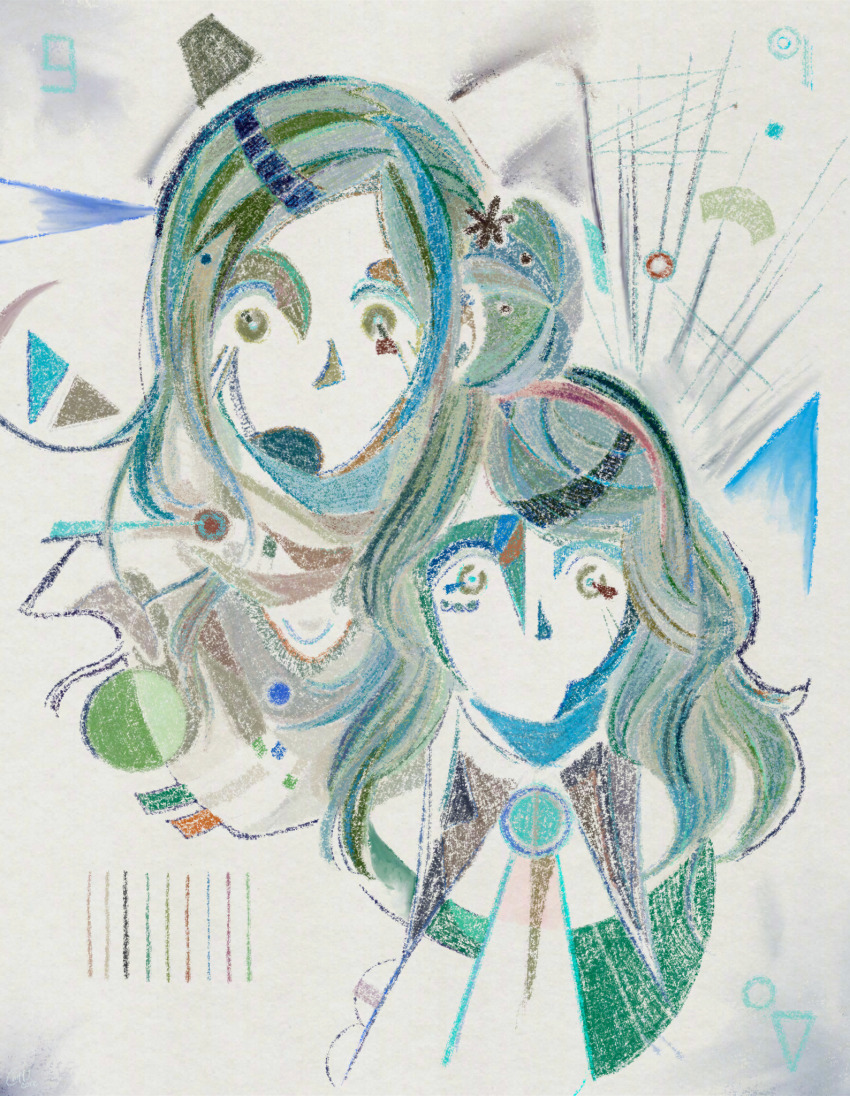 2girls abstract aged_down artist_name chippycore closed_mouth collar commentary dual_persona english_commentary faux_traditional_media hair_bun highres kurashiki_akane kyokugen_dasshutsu kyokugen_dasshutsu:_9_jikan_9_nin_9_no_tobira long_hair looking_at_viewer multiple_girls no_mouth portrait scarf signature single_hair_bun single_side_bun variant_set white_background