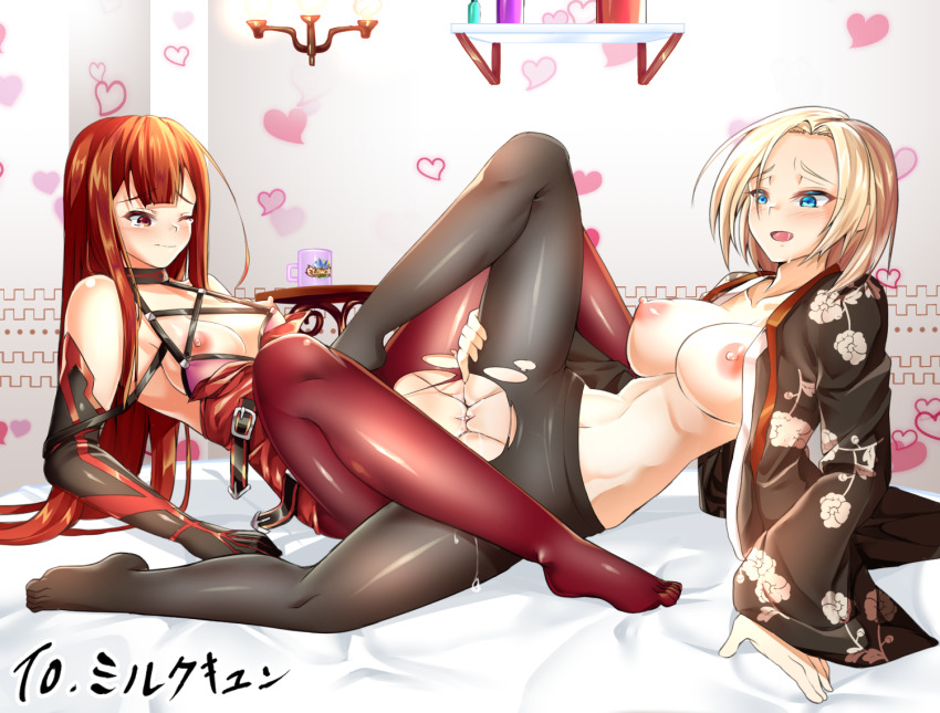 2girls commission crimson_rose_(elsword) cup elesis_(elsword) elsword flower mug multiple_girls pussy rose rose_(elsword) tagme torn_clothes tribadism yuri