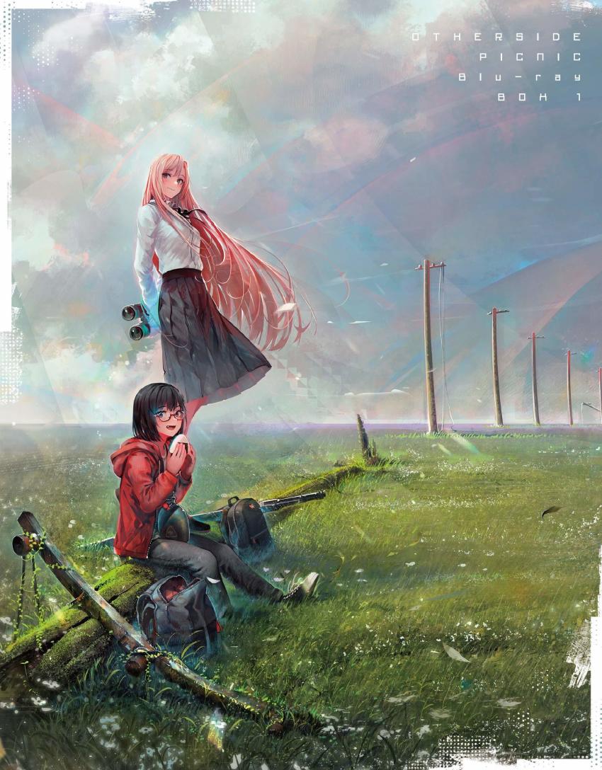 2girls backpack bag binoculars blonde_hair blu-ray_cover blue_skirt brown_hair cover food glowing glowing_eye grass heterochromia highres hood hoodie kamikoshi_sorawo landscape multiple_girls nishina_toriko onigiri outdoors red_hoodie shirakaba skirt sky urasekai_picnic utility_pole