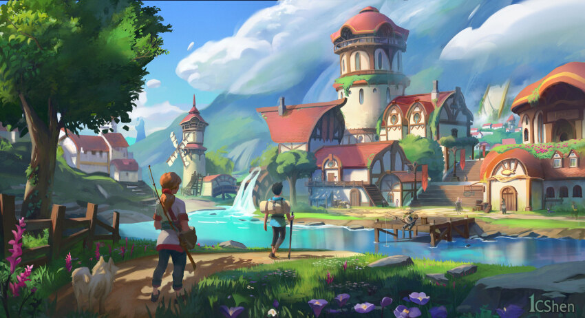 1boy 1girl 6+others animal artist_name black_hair blue_shirt brown_hair building cloud cloudy_sky commentary dirt_road dog english_commentary fence fishing fishing_rod flower grass highres mixed-language_commentary mountain multiple_others palia pier ponytail renl0l river road rock scenery shadow shirt sky stairs town tree walking water water_wheel white_shirt wooden_fence