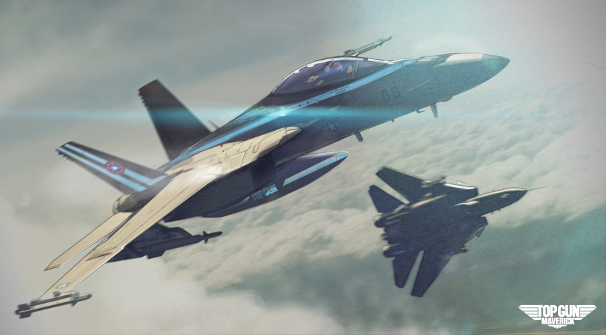 1other aircraft airplane ambiguous_gender canopy_(aircraft) cloud cloudy_sky commentary copyright_name day f-14_tomcat f/a-18e_super_hornet fighter_jet flying highres lens_flare military_vehicle missile mobius_(mobiusu14) outdoors pilot roundel sky top_gun top_gun:_maverick united_states_navy vehicle_focus