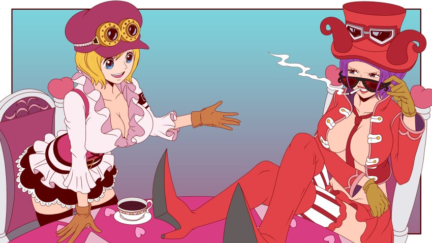 2girls absurdres belo_betty blonde_hair blue_eyes bob_cut boots breasts brown_gloves cigarette cleavage commentary crossed_legs cup english_commentary eyelashes gloves goggles goggles_on_headwear gradient_background hat hat_feather high_heel_boots high_heels highres jacket koala_(one_piece) large_breasts mattzz_optc multiple_girls one_piece pink_lips purple_hair red_jacket red_skirt sitting skirt smile smoke standing sunglasses talking