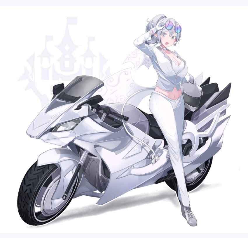 1girl alternate_costume alternate_hairstyle blue-tinted_eyewear breasts camisole cleavage collarbone demon_girl demon_tail duel_monster earrings eyewear_on_head full_body gloves gradient-tinted_eyewear grey_hair helmet high_ponytail highres holding holding_helmet jacket jewelry large_breasts long_hair looking_at_viewer lovely_labrynth_of_the_silver_castle motor_vehicle motorcycle motorcycle_helmet open_mouth pants pointy_ears ponytail purple-tinted_eyewear sakuragi_raia simple_background slit_pupils smile solo standing sunglasses tail tinted_eyewear two-tone_eyewear unworn_headwear unworn_helmet white_background white_camisole white_gloves white_jacket white_pants white_wings wings yu-gi-oh!
