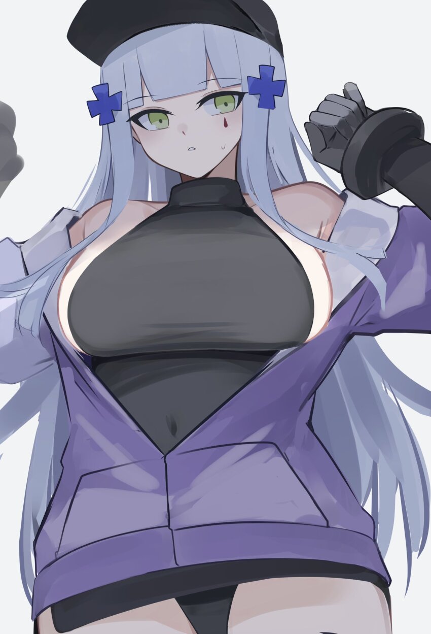 1girl baseball_cap black_hat black_leotard breasts commentary cowboy_shot girls&#039;_frontline girls&#039;_frontline_2:_exilium green_eyes grey_background grey_hair hat highres hk416_(girls&#039;_frontline) jacket klukai_(girls&#039;_frontline_2) large_breasts leotard long_hair looking_at_viewer parted_lips purple_jacket simple_background solo symbol-only_commentary teardrop_facial_mark ubah