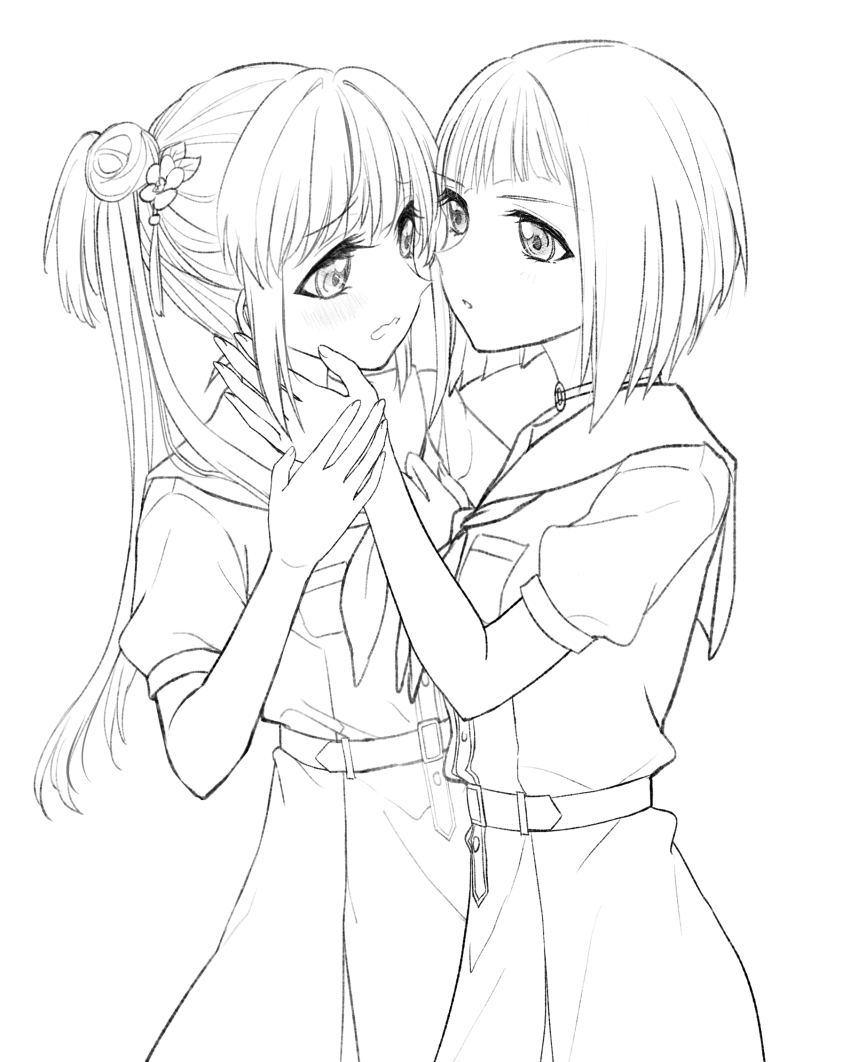2girls aegis_zan blush bob_cut breast_pocket choker commentary cowboy_shot dress eye_contact flower greyscale hair_bun hair_flower hair_ornament hair_over_shoulder hasu_no_sora_school_uniform highres inverted_bob lineart link!_like!_love_live! looking_at_another love_live! monochrome multiple_girls neckerchief o-ring o-ring_choker otomune_kozue parted_lips peanut_mouth pleated_dress pocket puffy_short_sleeves puffy_sleeves sailor_collar sailor_dress school_uniform short_hair short_sleeves side_ponytail sidelocks simple_background single_side_bun star_(symbol) star_hair_ornament summer_uniform tassel tassel_hair_ornament textless_version virtual_youtuber white_background yugiri_tsuzuri yuri
