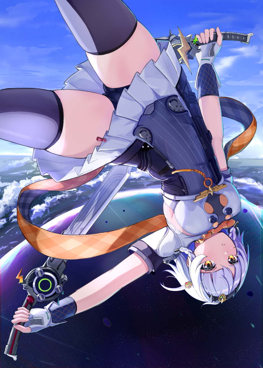 1girl 310setsu absurdres anby_demara anby_demara_(silver_soldier) ascot bike_shorts_under_skirt black_hairband black_thighhighs braided_sidelocks breasts burger_hair_ornament dual_wielding falling fingerless_gloves food-themed_hair_ornament gloves grey_hair hair_ornament hairband highres holding holding_sword holding_weapon large_breasts orange_ascot orange_eyes shorts shorts_under_skirt skirt_under_dress sword thighhighs weapon white_gloves zenless_zone_zero zettai_ryouiki