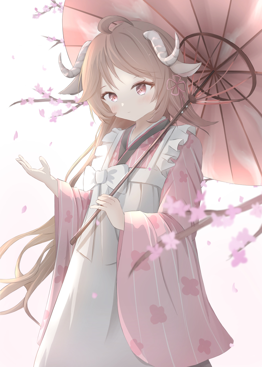 1girl absurdres ahoge alternate_costume animal_ears arknights bow brown_hair closed_mouth commentary cowboy_shot eyjafjalla_(arknights) hair_ornament highres holding holding_umbrella horns japanese_clothes kimono long_hair long_sleeves pink_eyes pink_kimono sheep_ears sheep_horns smile solo tsunomikan umbrella white_bow