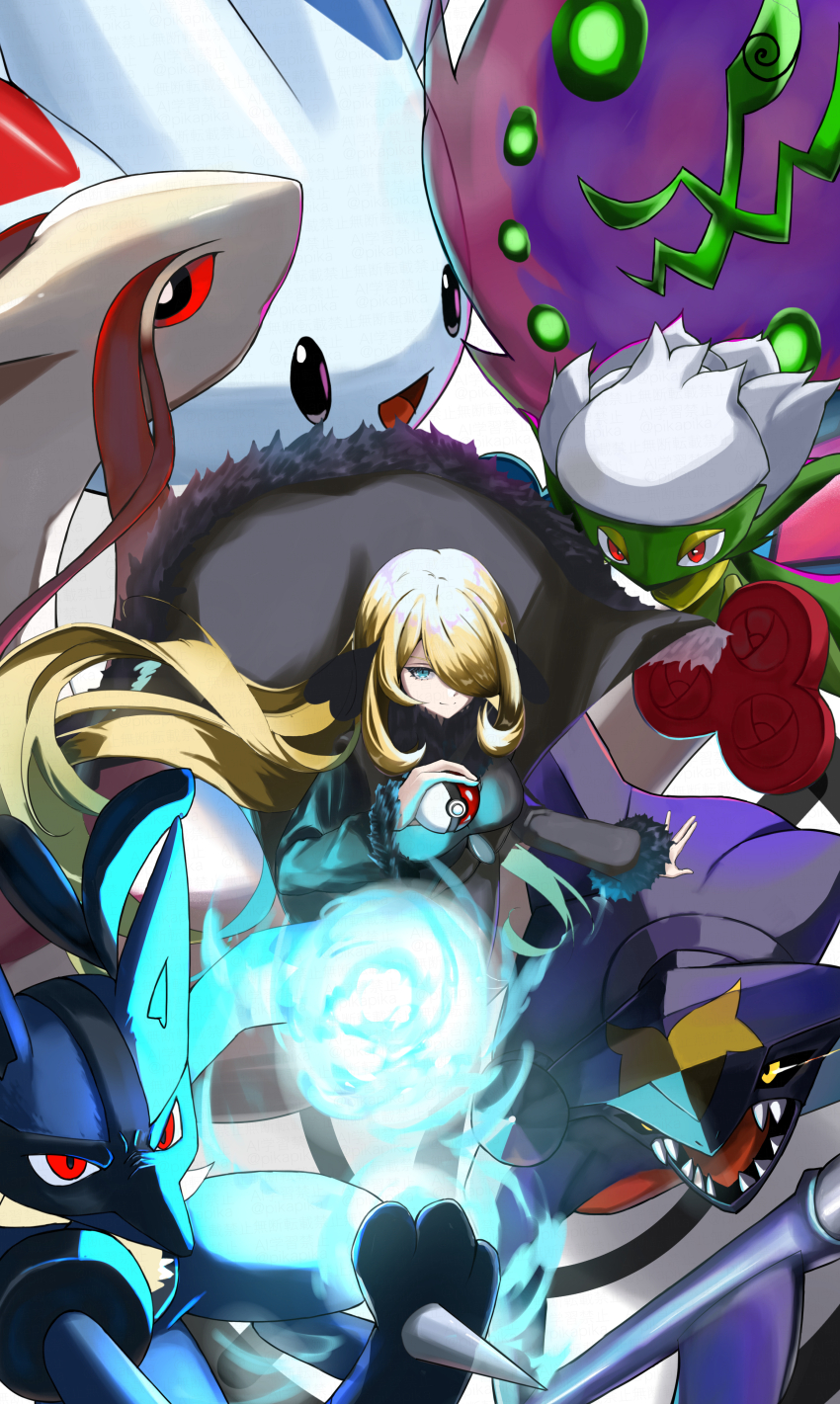 02pikapika 1girl absurdres black_coat blonde_hair closed_mouth coat commentary_request cynthia_(pokemon) energy_ball floating_hair fur-trimmed_coat fur_trim garchomp gen_3_pokemon gen_4_pokemon hair_over_one_eye hand_up highres holding holding_poke_ball long_hair long_sleeves lucario milotic nintendo poke_ball poke_ball_(basic) pokemon pokemon_(creature) pokemon_dppt roserade spiritomb togekiss