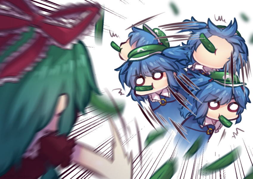 2girls blue_hair blurry bright_pupils collared_shirt cucumber emphasis_lines flat_cap food food_in_mouth green_hair green_headwear hair_bobbles hair_ornament hair_ribbon hat kagiyama_hina kawashiro_nitori launching medium_hair motion_blur multiple_girls o_o one-hour_drawing_challenge red_ribbon ribbon shirt short_sleeves simple_background solid_circle_eyes touhou two_side_up unime_seaflower v-shaped_eyebrows vegetable white_background