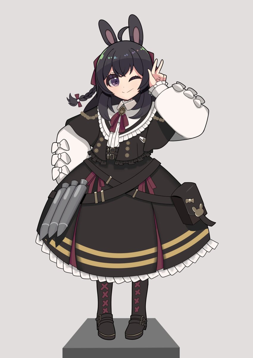 1girl ahoge animal_ears b_ub6 belt belt_pouch black_belt black_dress black_footwear boots bow braid dress frilled_sleeves frills hair_bow highres long_hair long_sleeves neck_ribbon one_eye_closed petticoat phase_connect pinafore_dress pipkin_pippa pipkin_pippa_(shipkin_shippa) pouch puffy_long_sleeves puffy_sleeves purple_bow purple_eyes purple_ribbon rabbit_ears rabbit_girl ribbon sleeveless sleeveless_dress smile v virtual_youtuber white_bow
