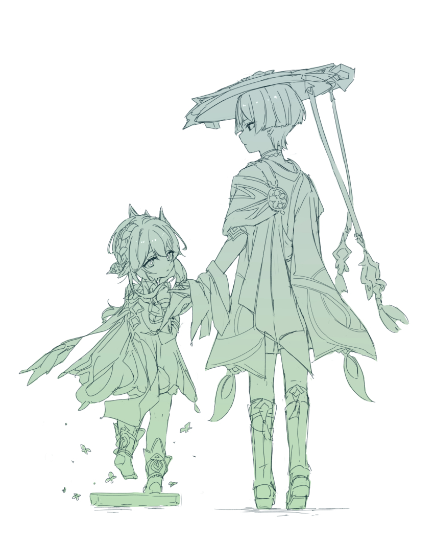1boy 1girl anklet blunt_ends bodysuit cape closed_mouth cross-shaped_pupils dress expressionless foot_up furisode genshin_impact hair_between_eyes hair_ornament half_crown_braid hat height_difference highres japanese_clothes jewelry jingasa kimono leaf leaf_hair_ornament leg_warmers looking_at_another looking_to_the_side mid-stride monochrome nahida_(genshin_impact) ninisunosu2 pointy_ears sandals scaramouche_(genshin_impact) shorts sketch stirrup_footwear symbol-shaped_pupils toes wanderer_(genshin_impact) white_background zouri