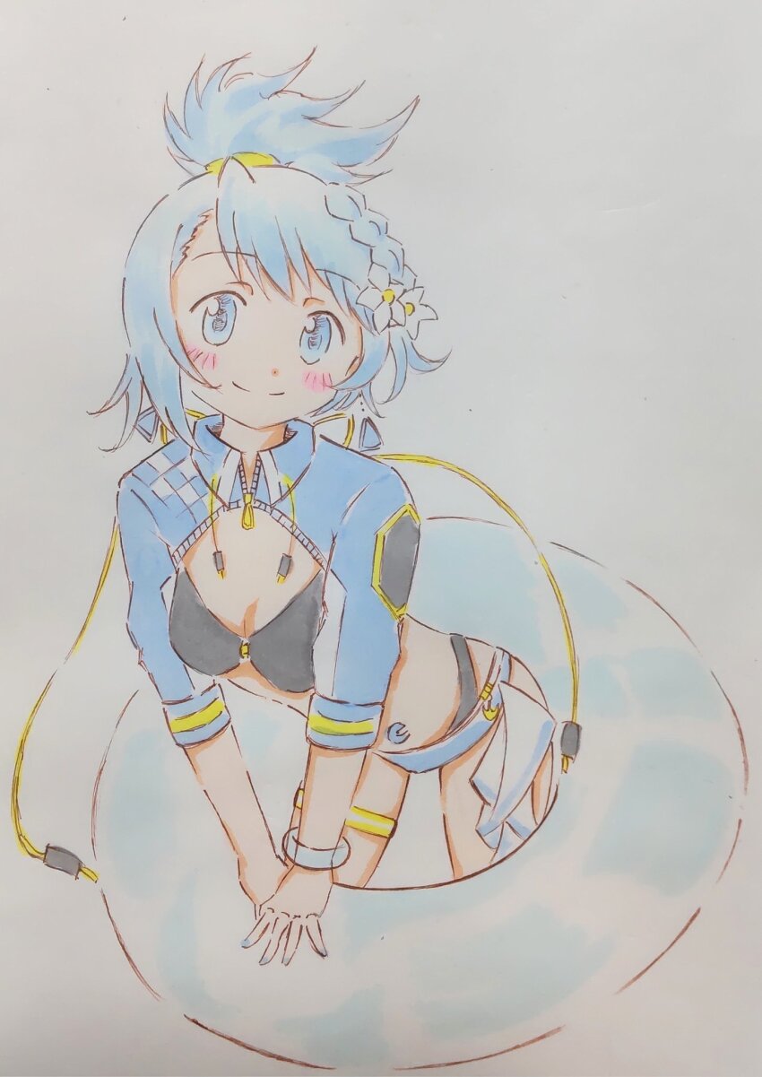 1girl bikini blue_eyes blue_hair blush bracelet braid dxckhpzfcc6t2lo earrings feet_out_of_frame flower hair_flower hair_ornament high_ponytail highres innertube jewelry looking_at_viewer mahou_shoujo_madoka_magica miki_sayaka miki_sayaka_(surfer_ver.) multiple_straps own_hands_together ponytail short_hair shrug_(clothing) side_braid simple_background smile solo soul_gem swim_ring swimsuit traditional_media triangle_earrings white_background white_flower