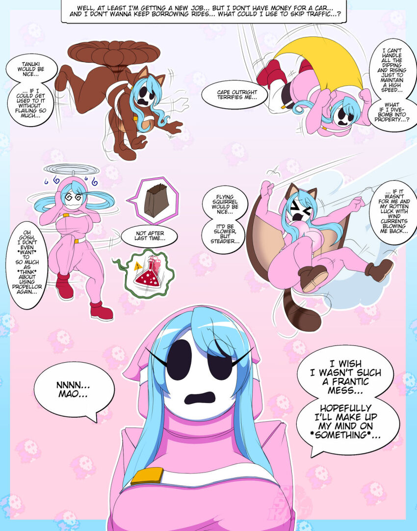 @_@ alternate_color alternate_costume blue_hair boots bouncing_breasts breasts cape english_text full_body highres large_breasts mario_(series) mask nervous nintendo pink_background potion propeller scared shadowscarknite shoes shy_gal shy_guy speech_bubble tail tanooki_mario thighhighs white_thighhighs