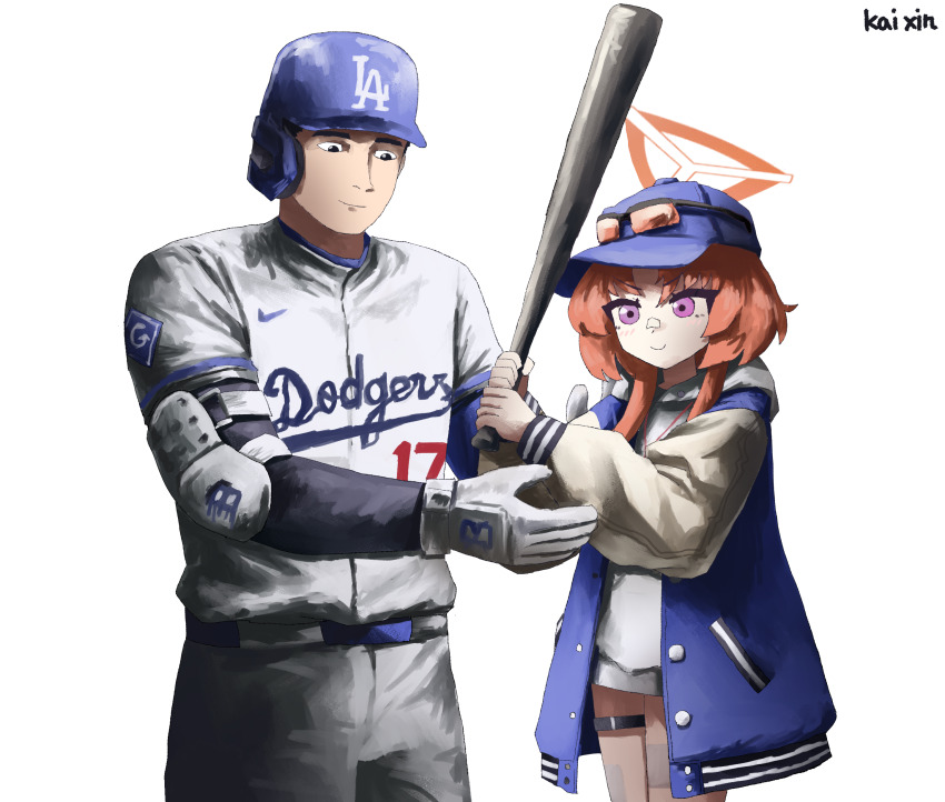 1boy 1girl absurdres art_shift bandaid bandaid_on_face bandaid_on_nose baseball baseball_bat baseball_cap baseball_helmet baseball_uniform batting_stance blue_archive commentary english_commentary eyewear_on_headwear halo hat helmet highres holding holding_baseball_bat kai_xin long_sleeves los_angeles_dodgers metal_baseball_bat ootani_shouhei orange-tinted_eyewear orange_halo parted_bangs playing_sports real_life rei_(blue_archive) short_hair sidelocks simple_background sports_sunglasses sportswear sunglasses tinted_eyewear trait_connection white_background