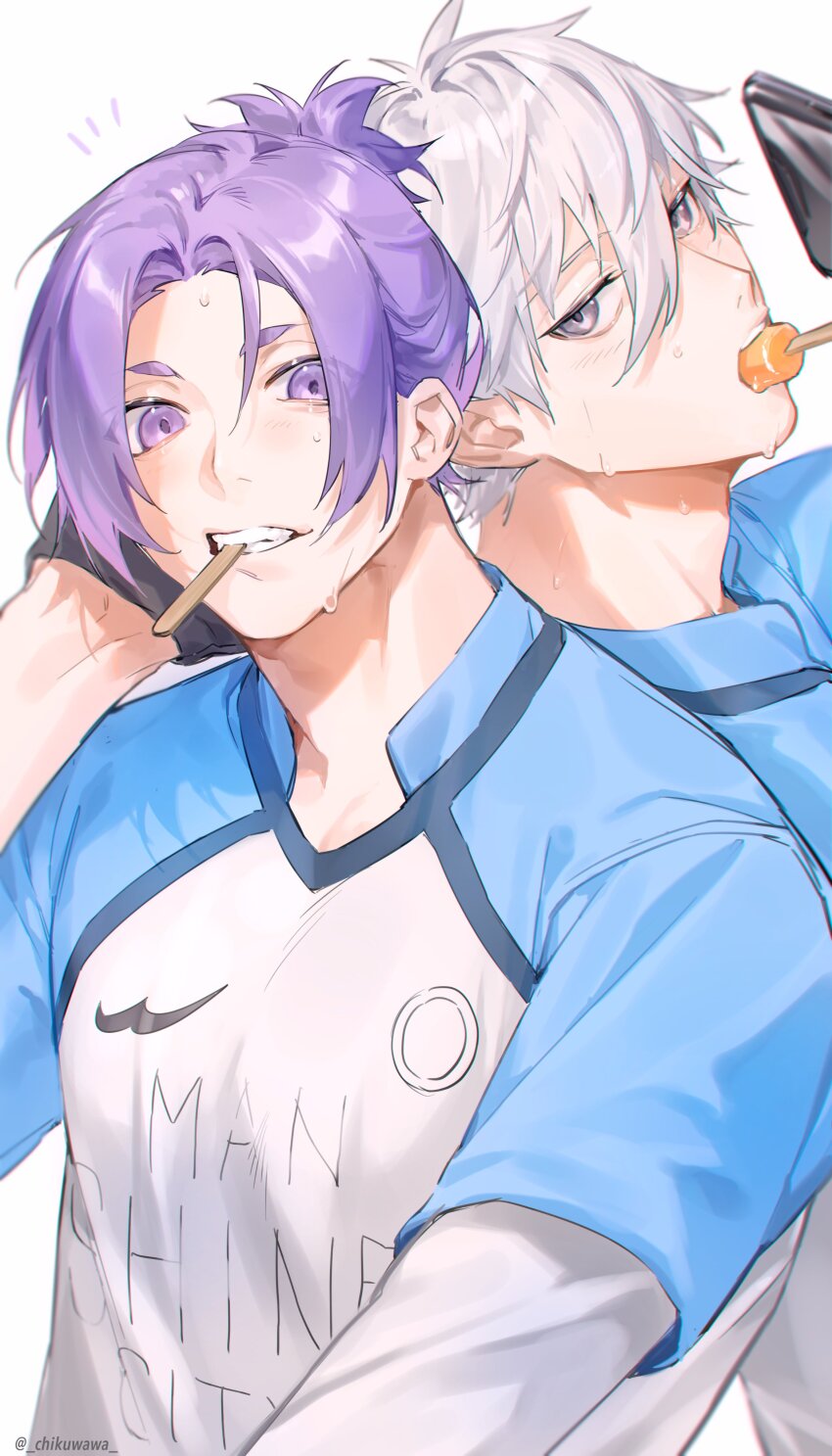 2boys absurdres blue_lock chikuwa_(dr0603) food food_in_mouth grey_eyes highres layered_sleeves long_sleeves looking_at_viewer male_focus mikage_reo multiple_boys nagi_seishirou popsicle popsicle_in_mouth purple_eyes purple_hair short_hair short_over_long_sleeves short_sleeves simple_background smile soccer_uniform sportswear sweat teeth upper_body white_background white_hair