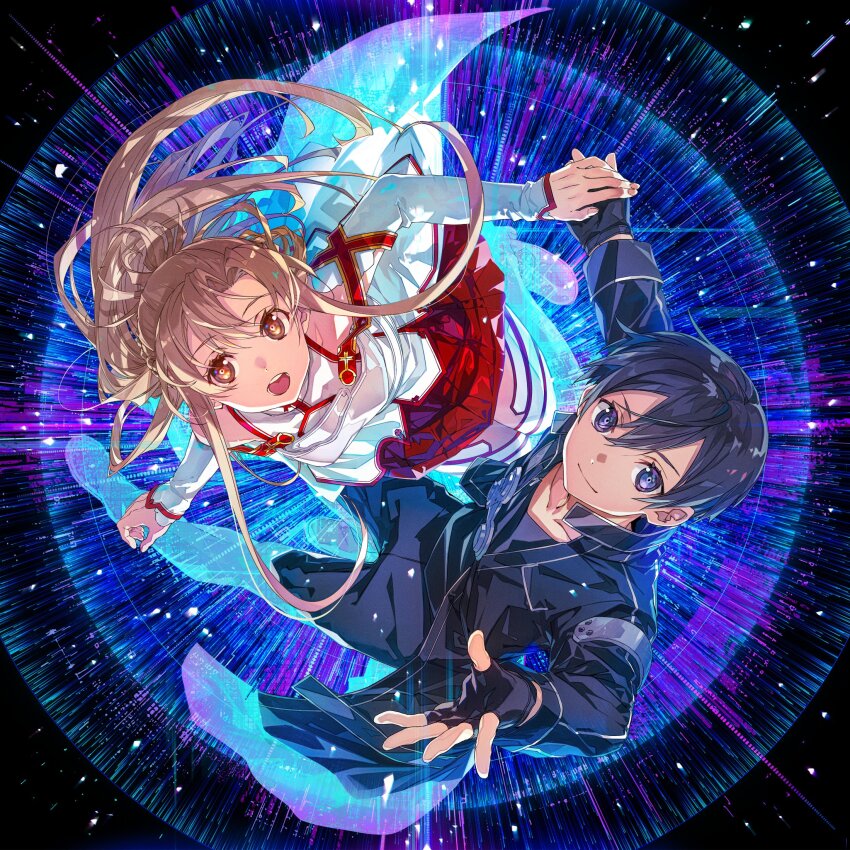 1boy 1girl :o armor asuna_(sao) bare_shoulders belt black_coat black_eyes black_hair black_pants black_shirt body_armor breastplate brown_eyes brown_hair bunbun coat detached_sleeves dress fingerless_gloves full_body gloves hair_between_eyes highres holding_hands kirito knights_of_blood_uniform_(sao) long_bangs long_hair looking_at_viewer open_clothes open_coat outstretched_hand pants red_skirt shirt short_hair skirt smile sword_art_online thighhighs white_armor white_belt white_dress white_thighhighs