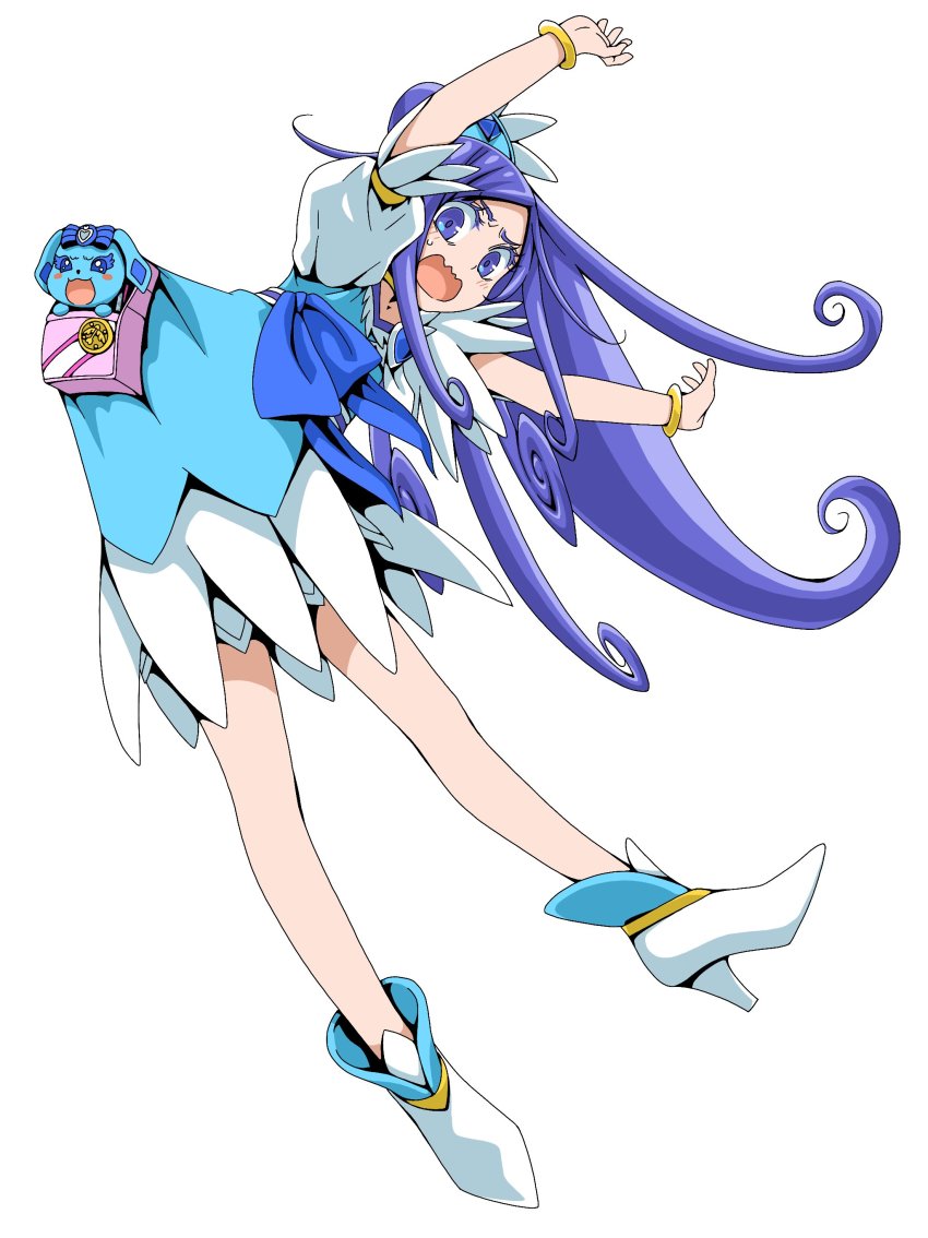 absurdres blue_bow blue_dress blue_eyes blue_hair boots bow bracelet brooch choker crystal_earrings cure_diamond dokidoki!_precure dress earrings ebura_din forehead full_body hair_ornament heart heart_brooch highres hishikawa_rikka jewelry long_hair open_mouth pouch precure puffy_short_sleeves puffy_sleeves rakeru_(dokidoki!_precure) sash short_sleeves simple_background tiara very_long_hair wavy_hair white_background white_footwear yellow_choker