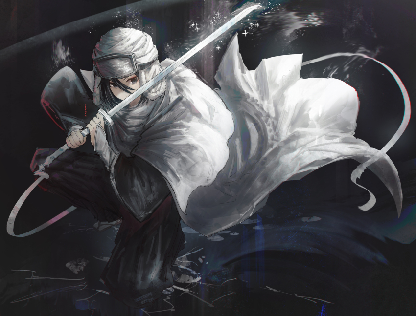 1girl absurdres black_eyes black_hair black_kimono black_pants bleach cape closed_mouth commentary english_commentary franlol full_body hair_between_eyes hat highres holding holding_sword holding_weapon japanese_clothes katana kimono kuchiki_rukia long_sleeves pants short_hair solo sword weapon white_cape white_hat wide_sleeves