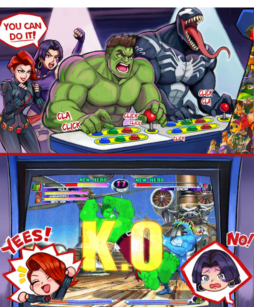 abs arcade_cabinet avengers_(series) black_bodysuit black_skin black_widow blue_eyes bodysuit brown_hair cheering colored_skin english_text facial_tattoo game_screenshot_inset green_skin highres hulk iron_man iron_man_(series) juggernaut_(x-men) leotard long_hair marvel marvel_rivals marvel_vs._capcom marvel_vs._capcom_2 muscular muscular_male natasha_romanoff neggoartz psylocke psylocke_(vengeance) purple_leotard red_hair red_lips sharp_teeth short_hair spider-man_(series) tattoo teeth tongue tongue_out topless_male venom_(marvel) x-men