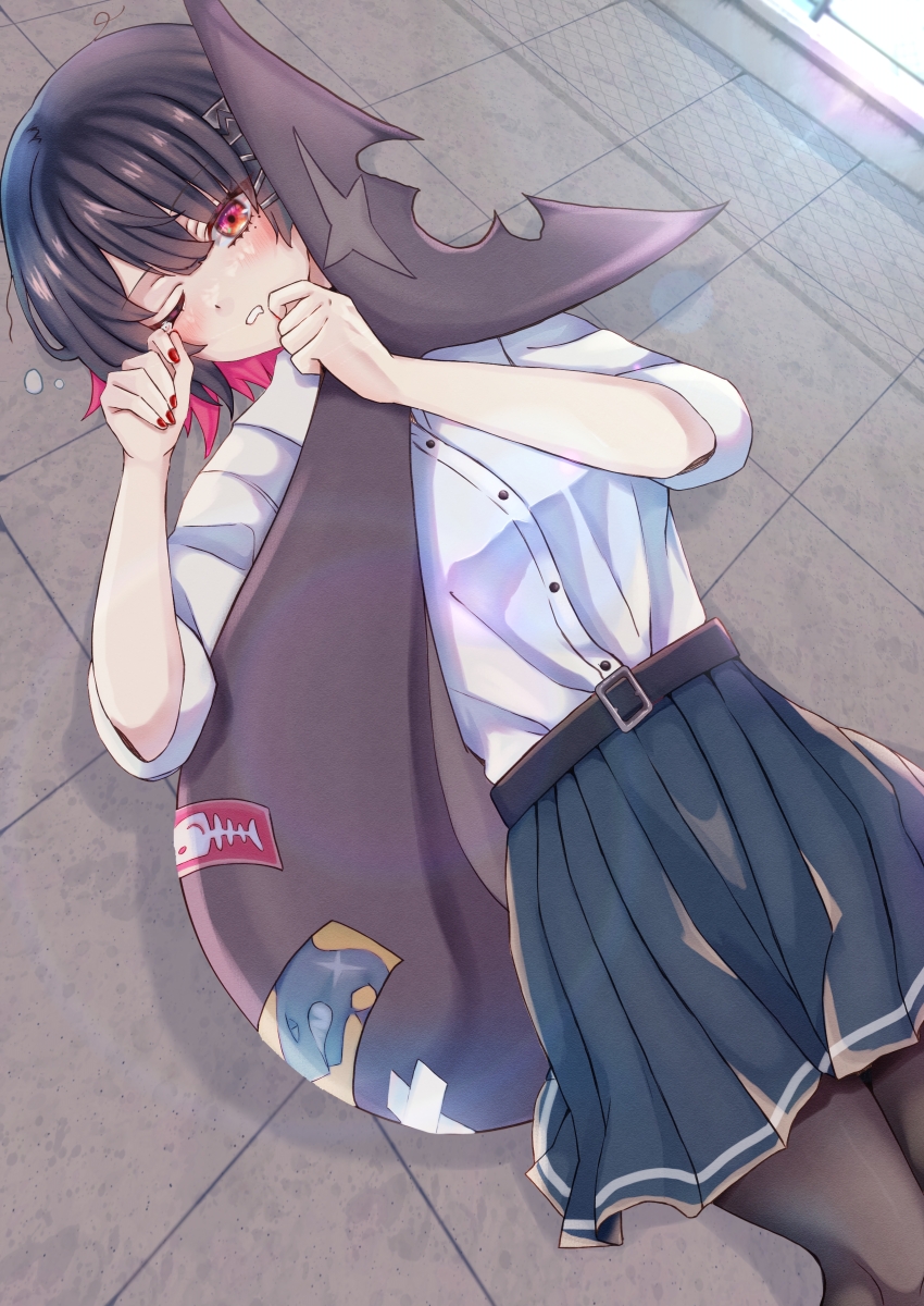1girl absurdres belt black_belt black_hair black_skirt blush breasts ellen_joe ellen_joe_(on_campus) fins fish_tail hair_between_eyes hair_ornament highres is_(aisu) long_sleeves lying medium_breasts multicolored_hair official_alternate_costume on_back one_eye_closed pantyhose pleated_skirt red_eyes red_hair red_nails rubbing_eyes school_uniform shark_girl shark_tail shirt short_hair skirt sleepy solo tail white_shirt zenless_zone_zero