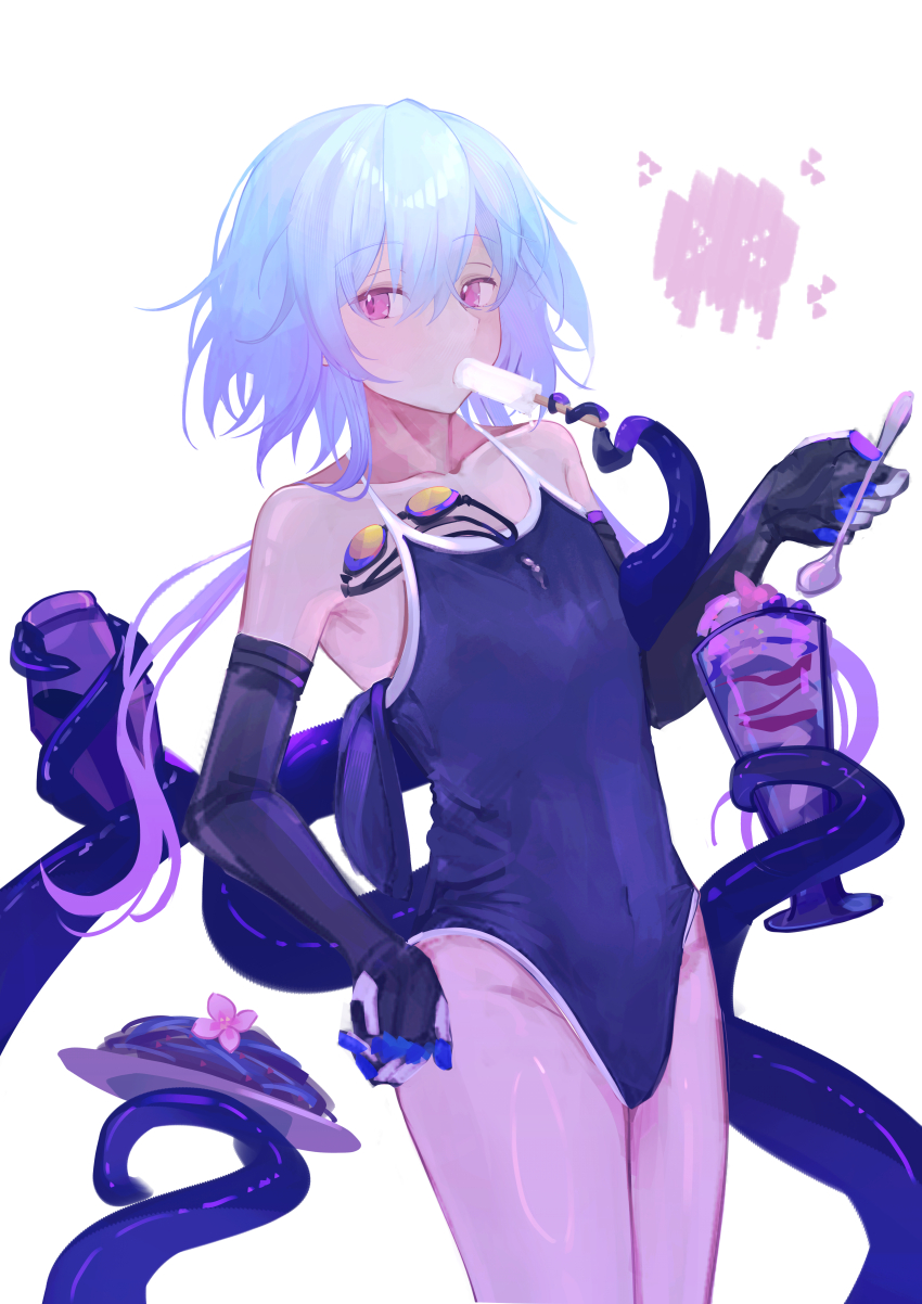 1boy absurdres arknights black_gloves blue_hair blue_one-piece_swimsuit commentary_request cowboy_shot cup elbow_gloves glasses gloves hair_between_eyes highres holding holding_cup holding_spoon kira_guil looking_at_viewer mizuki_(arknights) one-piece_swimsuit pink_eyes simple_background spoon swimsuit tentacles white_background