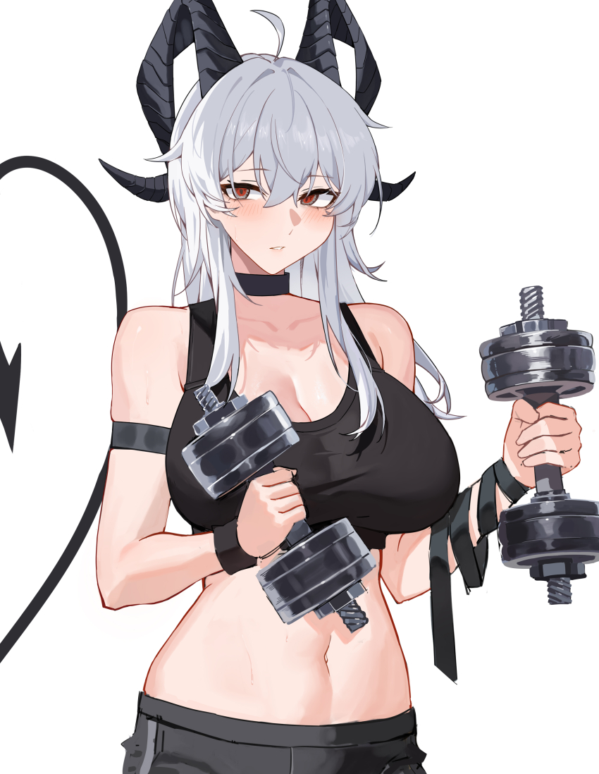 1girl absurdres ahoge alternate_costume arm_strap bare_shoulders black_choker black_horns black_sports_bra blush breasts chinese_commentary choker cleavage collarbone commentary_request cowboy_shot curled_horns demon_tail double_dumbbell_pose_(han-0v0) dumbbell grey_hair hair_between_eyes hands_up highres holding holding_dumbbell horns huge_breasts long_hair looking_at_viewer navel parted_lips red_eyes simple_background solo sports_bra stomach tail white_background wuthering_waves yu-ting_rainplus zani_(wuthering_waves)