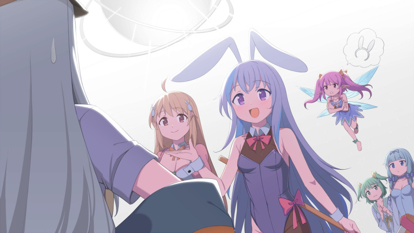 6+girls animal_ears artist_request blonde_hair blue_dress blue_hair breasts brown_eyes closed_mouth crossover dress erina_(rabi-ribi) fairy fairy_wings fake_animal_ears game_cg green_hair hair_ornament highres leotard long_hair low-tied_sidelocks multiple_girls non-web_source pink_hair playboy_bunny pointy_ears purple_hair rabbit_ears rabbit_girl rabbit_hair_ornament rabi-ribi ribbon_(rabi-ribi) rita_(rabi-ribi) rumi_(rabi-ribi) saya_(rabi-ribi) short_sleeves sidelocks small_breasts speech_bubble spoken_object tevi tevi_(character) two_side_up very_long_hair white_hair wings wrist_cuffs
